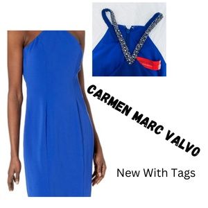 CARMEN MARC VALVO INFUSION Royal Blue Beaded Halter Dress Size 6 NWT